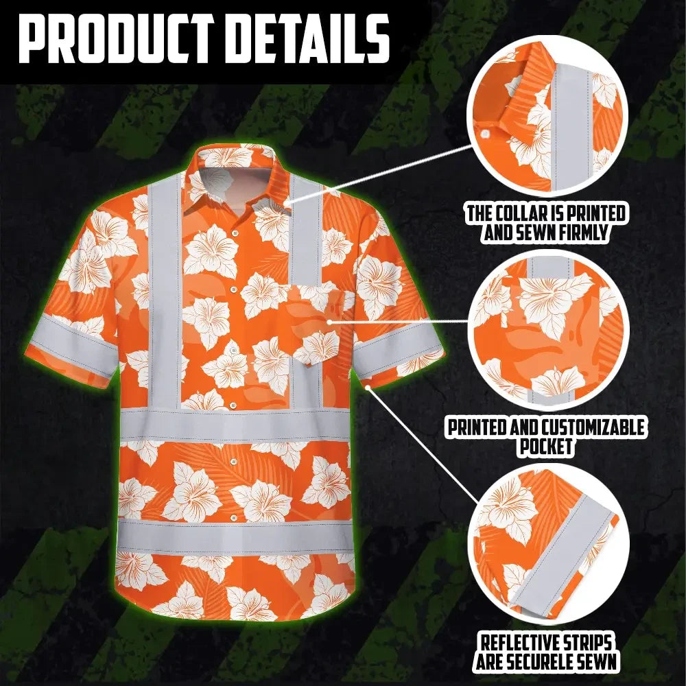 Hi Vis Hawaiian Shirt Reflective Tapes Orange Neon Flowers 2 Custom Name