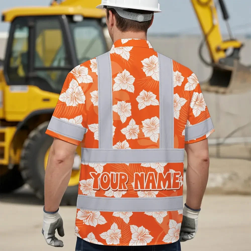 Hi Vis Hawaiian Shirt Reflective Tapes Orange Neon Flowers 2 Custom Name