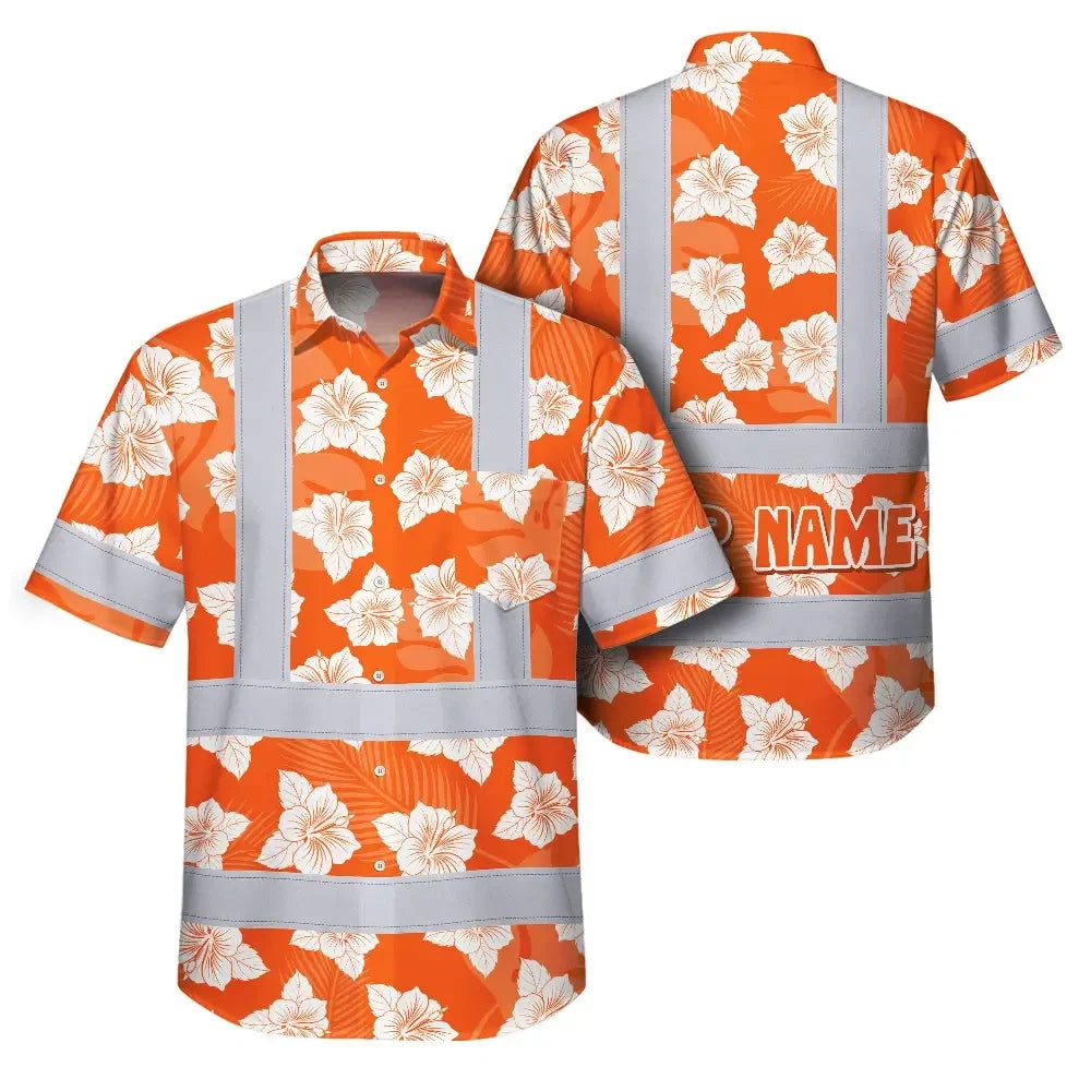 Hi Vis Hawaiian Shirt Reflective Tapes Orange Neon Flowers 2 Custom Name