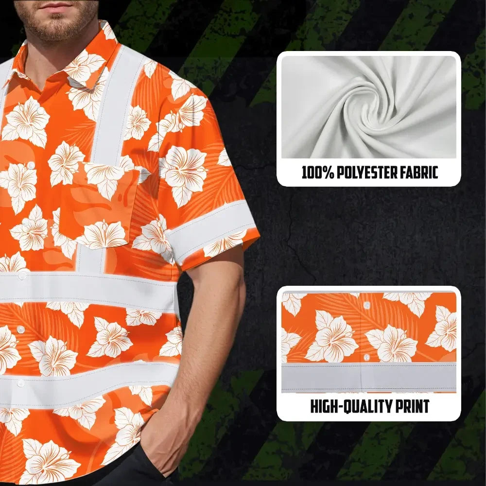 Hi Vis Hawaiian Shirt Reflective Tapes Orange Neon Flowers 2 Custom Name
