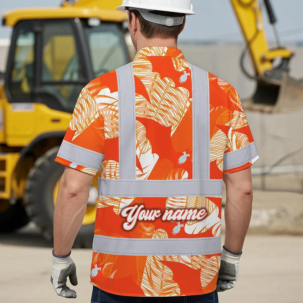 Hi Vis Hawaiian Shirt Reflective Tapes Orange Neon Flowers Bat Custom Name Safety Workwear For Workers, Truckers, Operators, Company