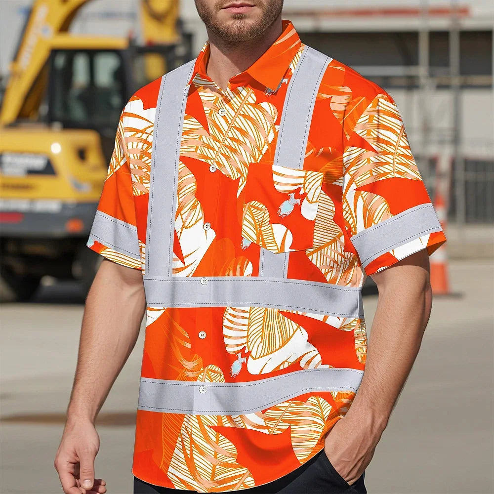Hi Vis Hawaiian Shirt Reflective Tapes Orange Neon Flowers Bat Custom Name Safety Workwear For Workers, Truckers, Operators, Company