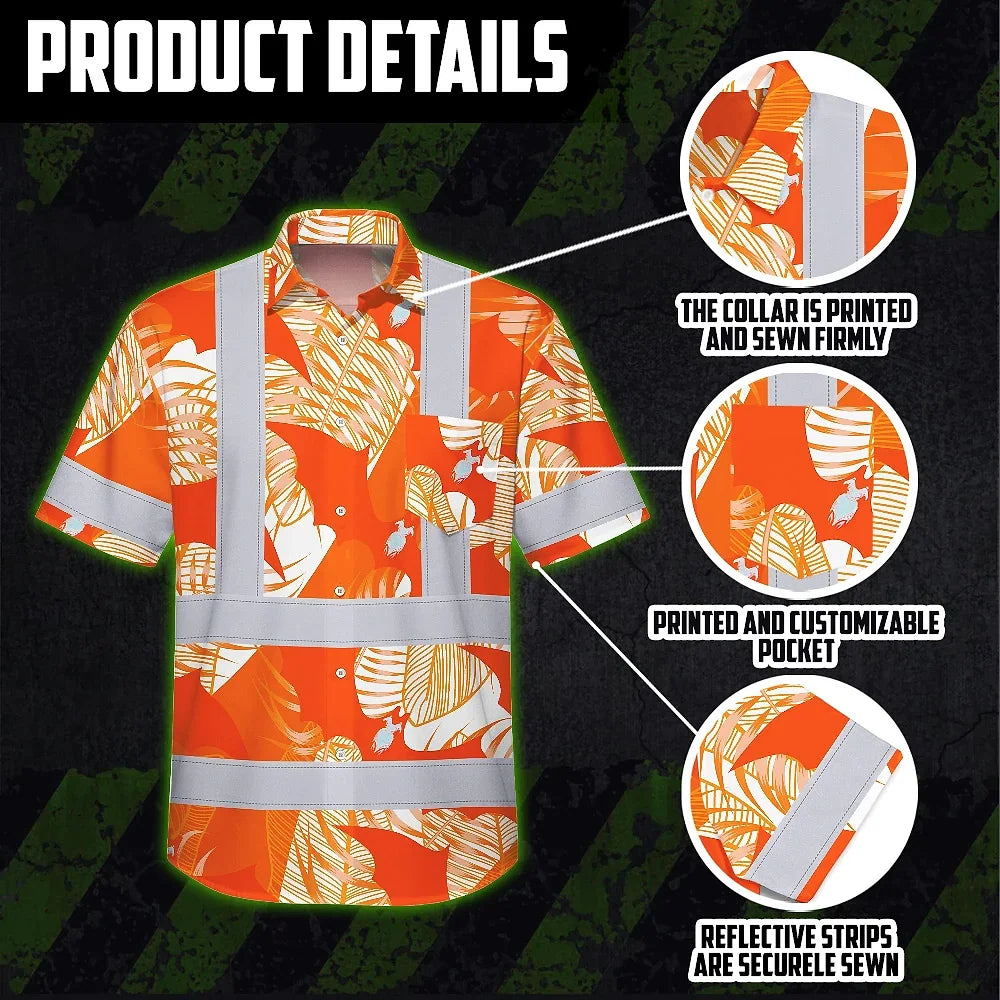 Hi Vis Hawaiian Shirt Reflective Tapes Orange Neon Flowers Bat Custom Name Safety Workwear For Workers, Truckers, Operators, Company
