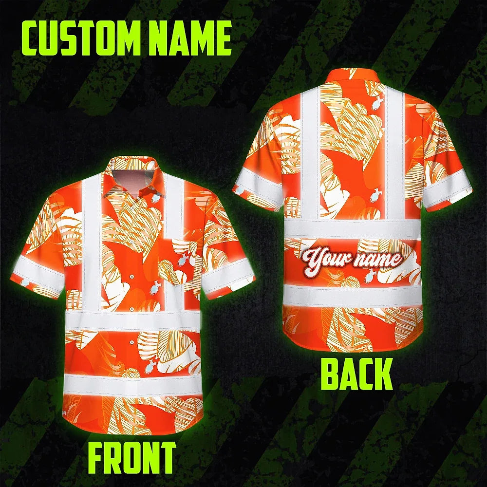 Hi Vis Hawaiian Shirt Reflective Tapes Orange Neon Flowers Bat Custom Name Safety Workwear For Workers, Truckers, Operators, Company