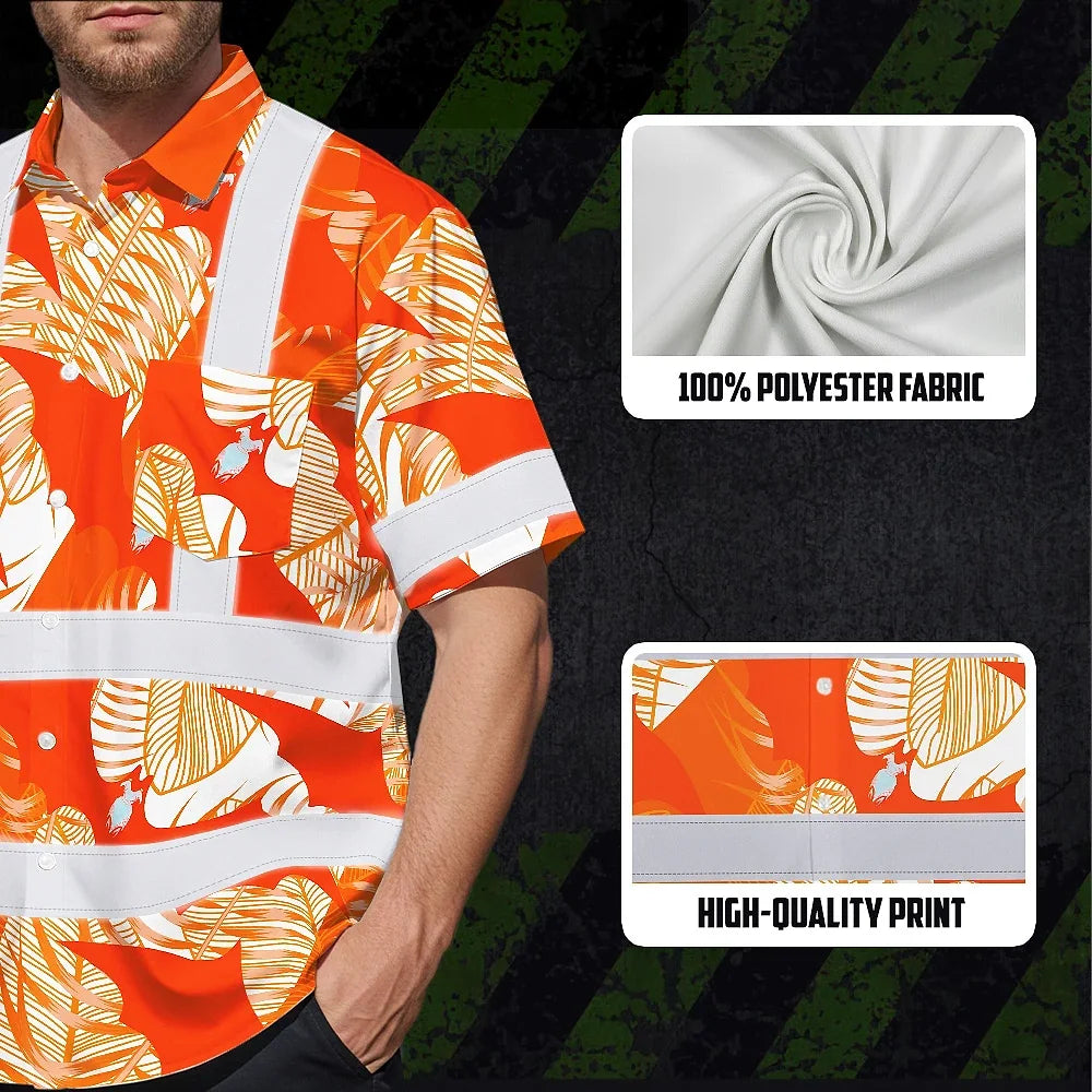 Hi Vis Hawaiian Shirt Reflective Tapes Orange Neon Flowers Bat Custom Name Safety Workwear For Workers, Truckers, Operators, Company
