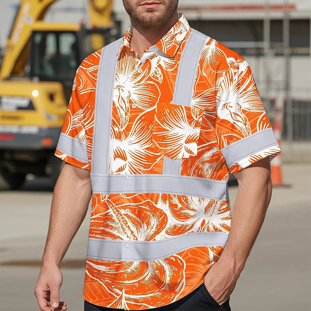 Hi Vis Hawaiian Shirt Reflective Tapes Orange Neon Flowers Custom Name Safety Workwear For Workers, Truckers, Operators