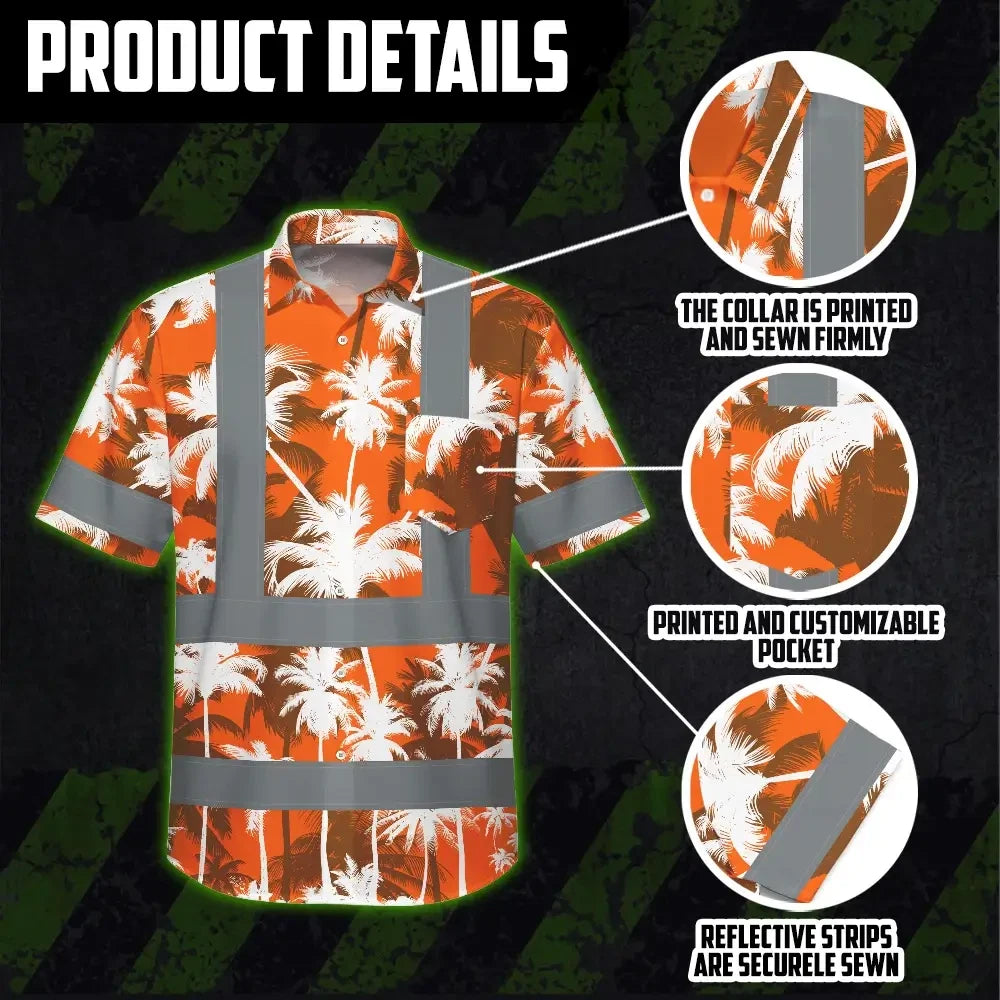 Hi Vis Hawaiian Shirt Reflective Tapes Orange Neon Flowers Custom Name Safety Workwear For Workers, Truckers, Operators