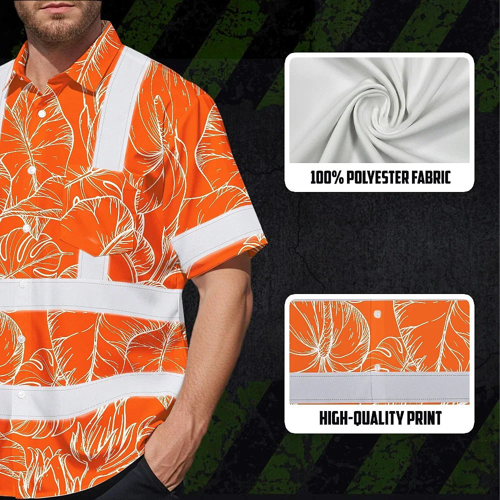 Choose Pack Hi Vis Hawaiian Shirt Reflective Tapes Orange Neon Flowers Custom Name Safety Workwear For Workers, Truckers, Operators