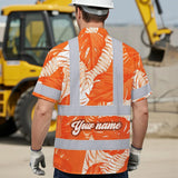 Hi Vis Hawaiian Shirt Reflective Tapes Orange Neon Flowers Custom Name Safety Workwear For Workers, Truckers, Operators