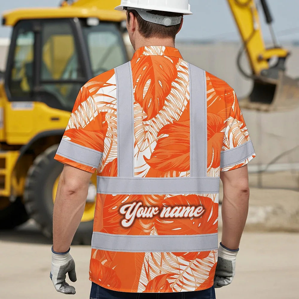 Hi Vis Hawaiian Shirt Reflective Tapes Orange Neon Flowers Custom Name Safety Workwear For Workers, Truckers, Operators