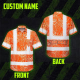 Hi Vis Hawaiian Shirt Reflective Tapes Orange Neon Flowers Custom Name Safety Workwear For Workers, Truckers, Operators