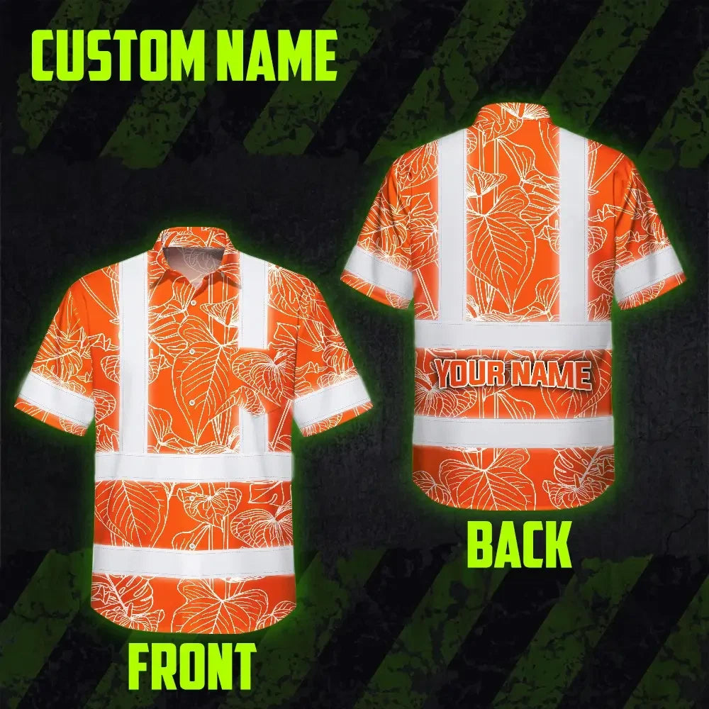 Hi Vis Hawaiian Shirt Reflective Tapes Orange Neon Flowers Custom Name Safety Workwear For Workers, Truckers, Operators