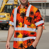 Hi Vis Hawaiian Shirt Reflective Tapes Orange Neon Flowers Custom Name Safety Workwear For Truckers, Operators