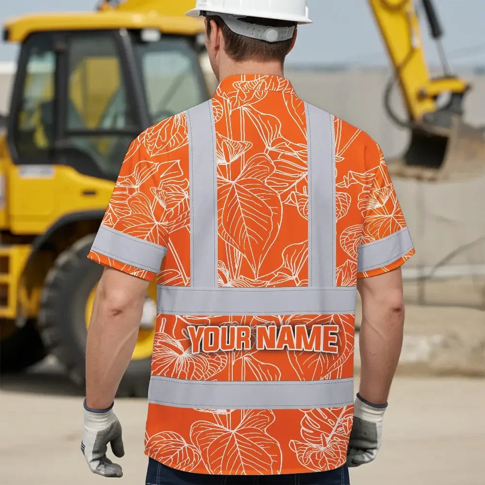 Hi Vis Hawaiian Shirt Reflective Tapes Orange Neon Flowers Custom Name Safety Workwear For Workers, Truckers, Operators