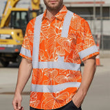 Hi Vis Hawaiian Shirt Reflective Tapes Orange Neon Flowers Custom Name Safety Workwear For Workers, Truckers, Operators