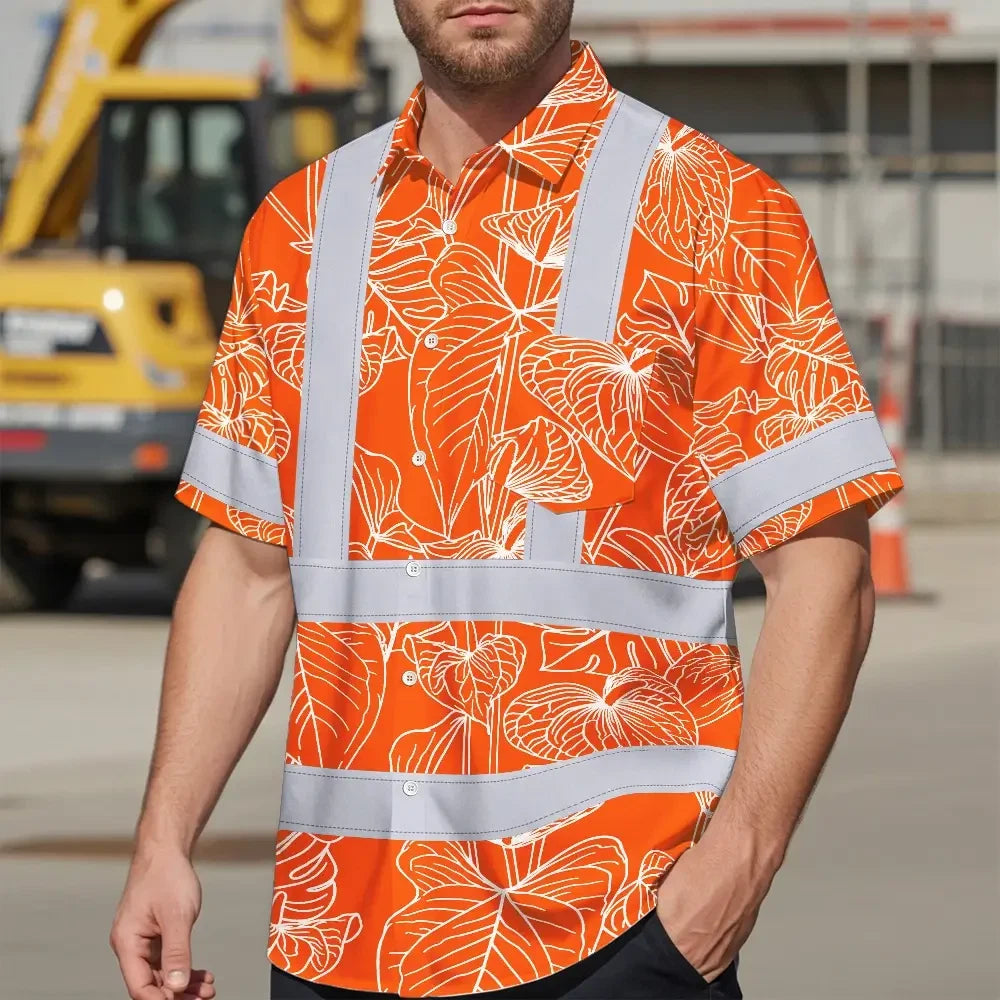 Hi Vis Hawaiian Shirt Reflective Tapes Orange Neon Flowers Custom Name Safety Workwear For Workers, Truckers, Operators
