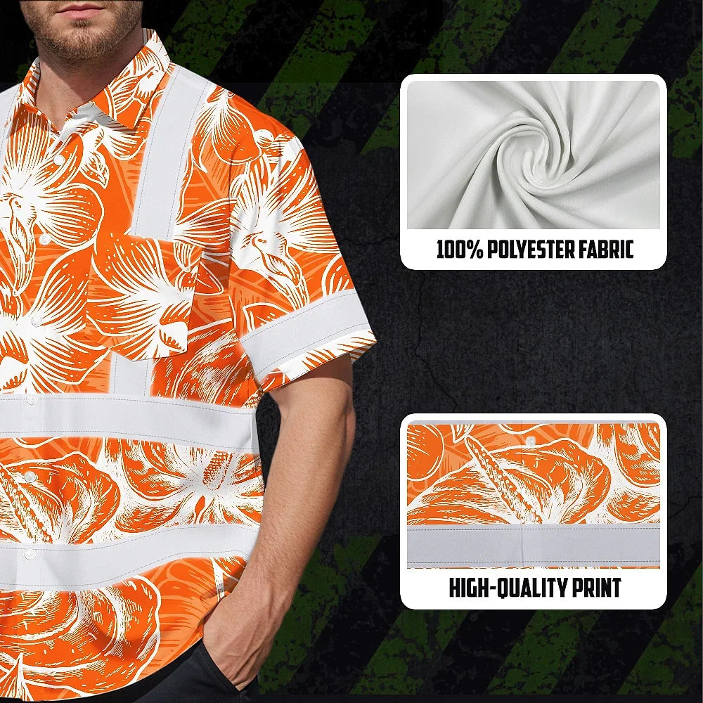 Hi Vis Hawaiian Shirt Reflective Tapes Orange Neon Flowers Custom Name Safety Workwear For Workers, Truckers, Operators