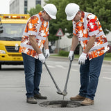 Hi Vis Hawaiian Shirt Reflective Tapes Orange Neon Flowers Custom Name Safety Workwear For Workers, Truckers, Operators