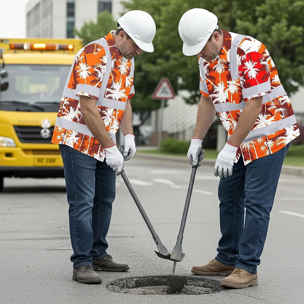 Hi Vis Hawaiian Shirt Reflective Tapes Orange Neon Flowers Custom Name Safety Workwear For Workers, Truckers, Operators