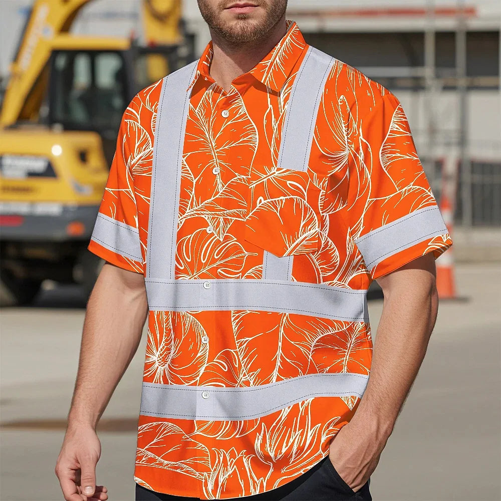 Choose Pack Hi Vis Hawaiian Shirt Reflective Tapes Orange Neon Flowers Custom Name Safety Workwear For Workers, Truckers, Operators