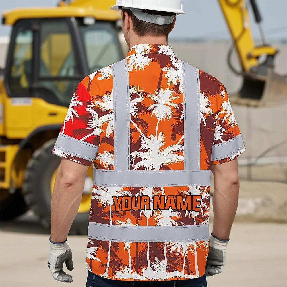 Hi Vis Hawaiian Shirt Reflective Tapes Orange Neon Flowers Custom Name Safety Workwear For Workers, Truckers, Operators