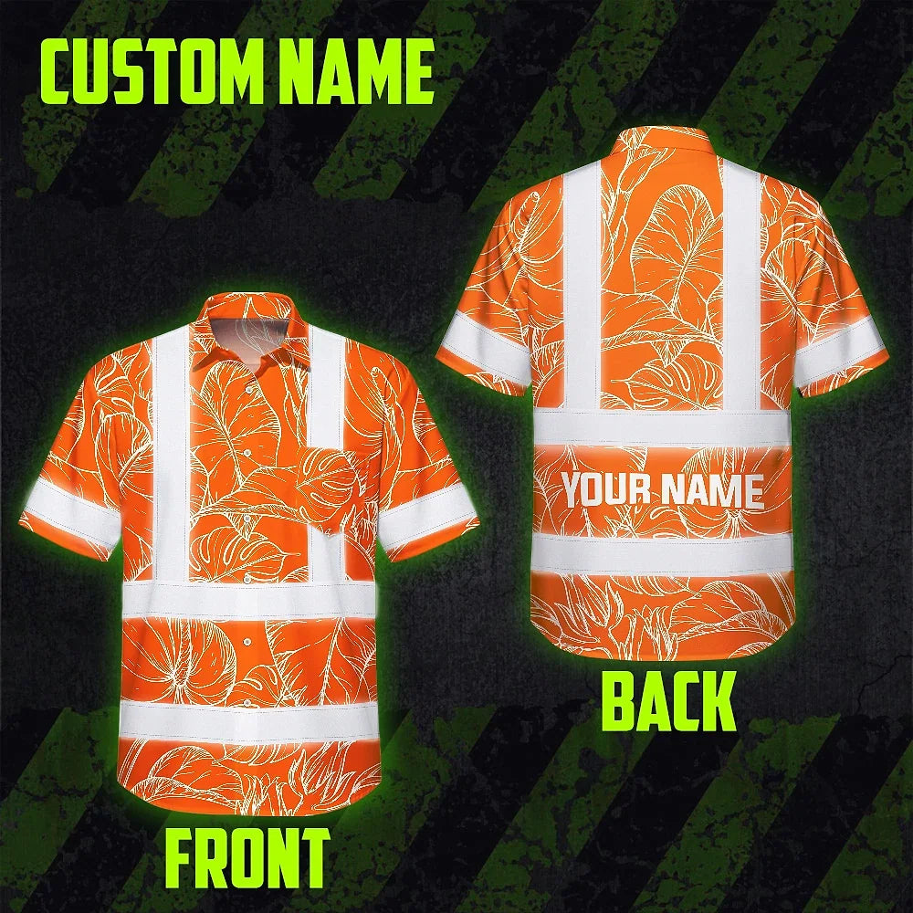 Hi Vis Hawaiian Shirt Reflective Tapes Orange Neon Flowers Custom Name Safety Workwear For Workers, Truckers, Operators