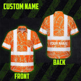 Hi Vis Hawaiian Shirt Reflective Tapes Orange Neon Flowers Custom Name Safety Workwear For Workers, Truckers, Operators