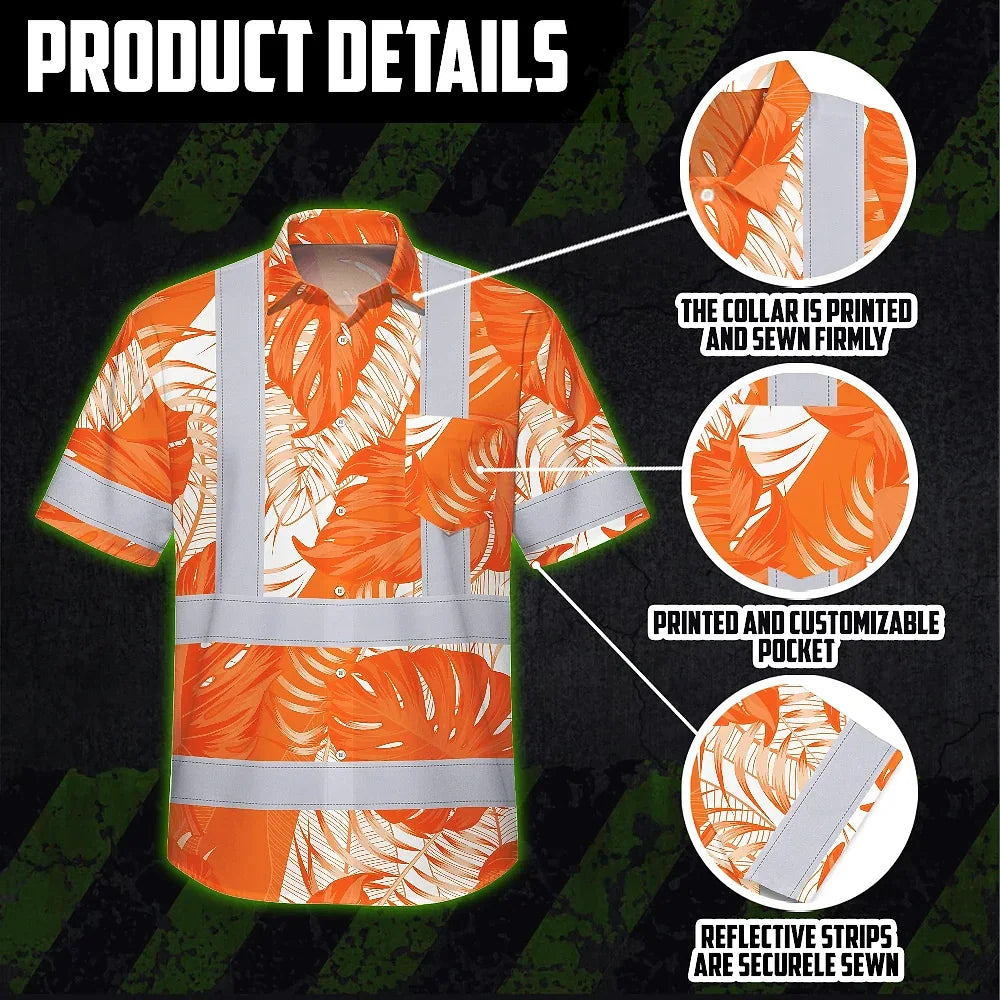 Hi Vis Hawaiian Shirt Reflective Tapes Orange Neon Flowers Custom Name Safety Workwear For Workers, Truckers, Operators