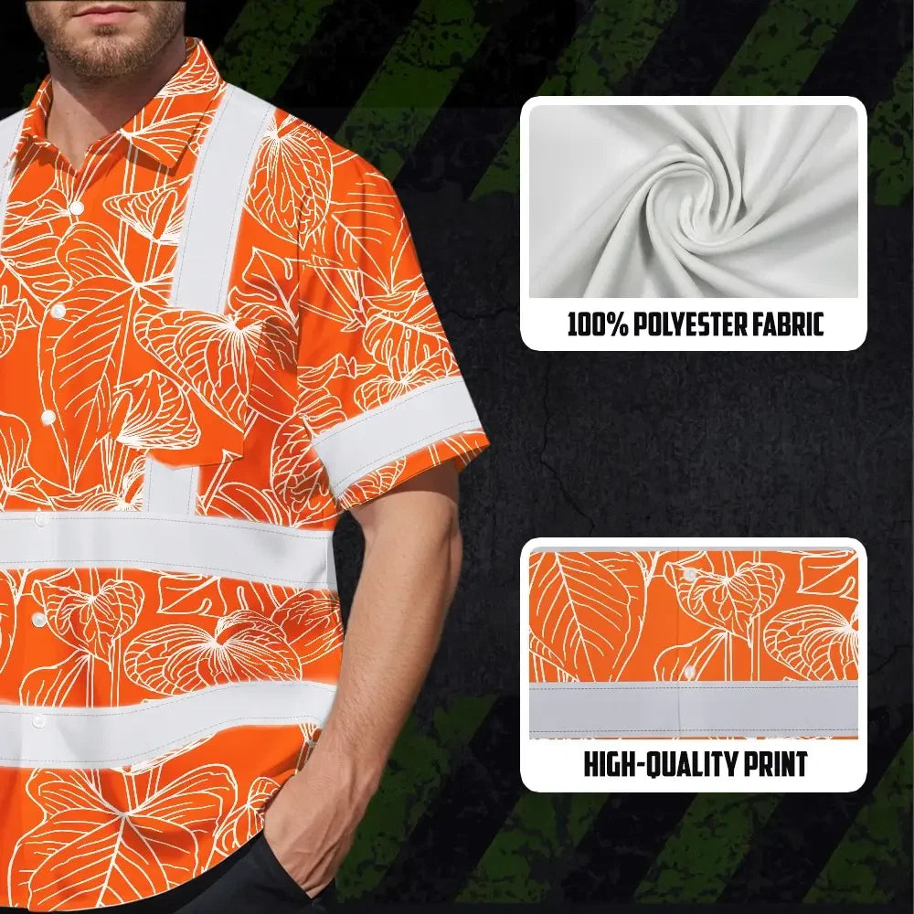Hi Vis Hawaiian Shirt Reflective Tapes Orange Neon Flowers Custom Name Safety Workwear For Workers, Truckers, Operators