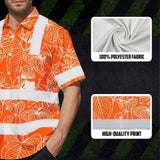 Hi Vis Hawaiian Shirt Reflective Tapes Orange Neon Flowers Custom Name Safety Workwear For Workers, Truckers, Operators