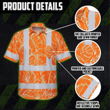 Hi Vis Hawaiian Shirt Reflective Tapes Orange Neon Flowers Custom Name Safety Workwear For Workers, Truckers, Operators