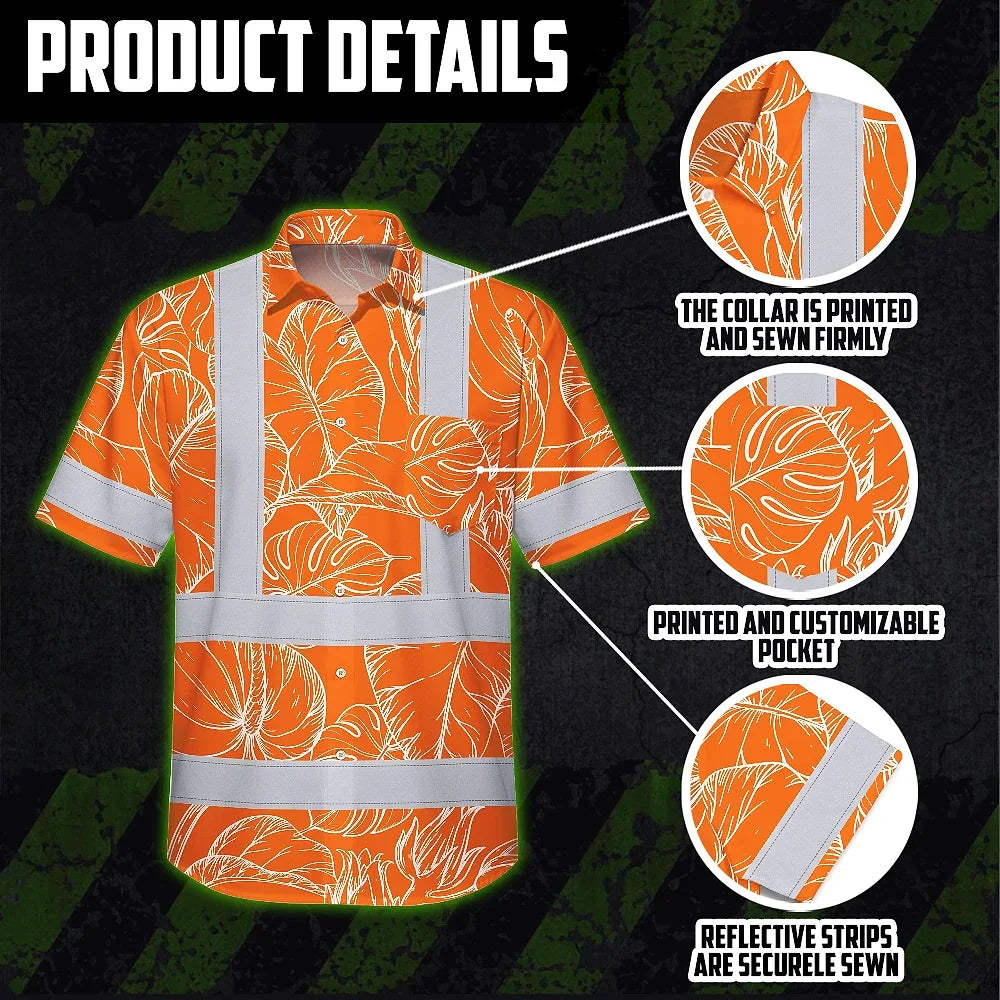 Hi Vis Hawaiian Shirt Reflective Tapes Orange Neon Flowers Custom Name Safety Workwear For Workers, Truckers, Operators