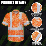 Hi Vis Hawaiian Shirt Reflective Tapes Orange Neon Flowers Custom Name Safety Workwear For Workers, Truckers, Operators