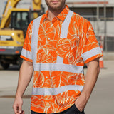 Hi Vis Hawaiian Shirt Reflective Tapes Orange Neon Flowers Custom Name Safety Workwear For Workers, Truckers, Operators
