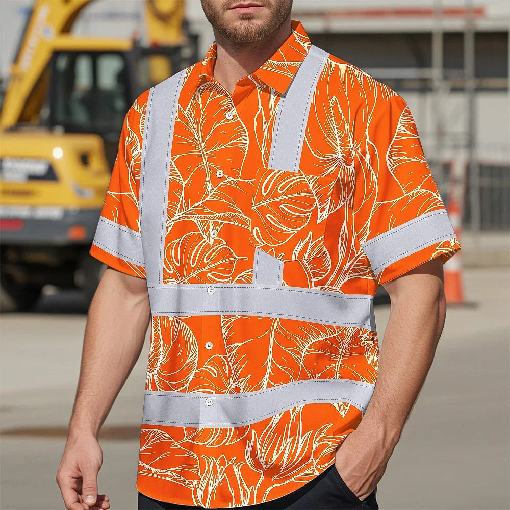Hi Vis Hawaiian Shirt Reflective Tapes Orange Neon Flowers Custom Name Safety Workwear For Workers, Truckers, Operators
