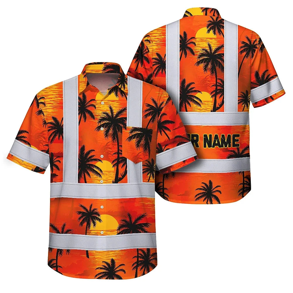 Hi Vis Hawaiian Shirt Reflective Tapes Orange Neon Flowers Custom Name Safety Workwear For Truckers, Operators