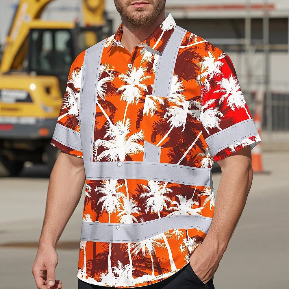 Hi Vis Hawaiian Shirt Reflective Tapes Orange Neon Flowers Custom Name Safety Workwear For Workers, Truckers, Operators