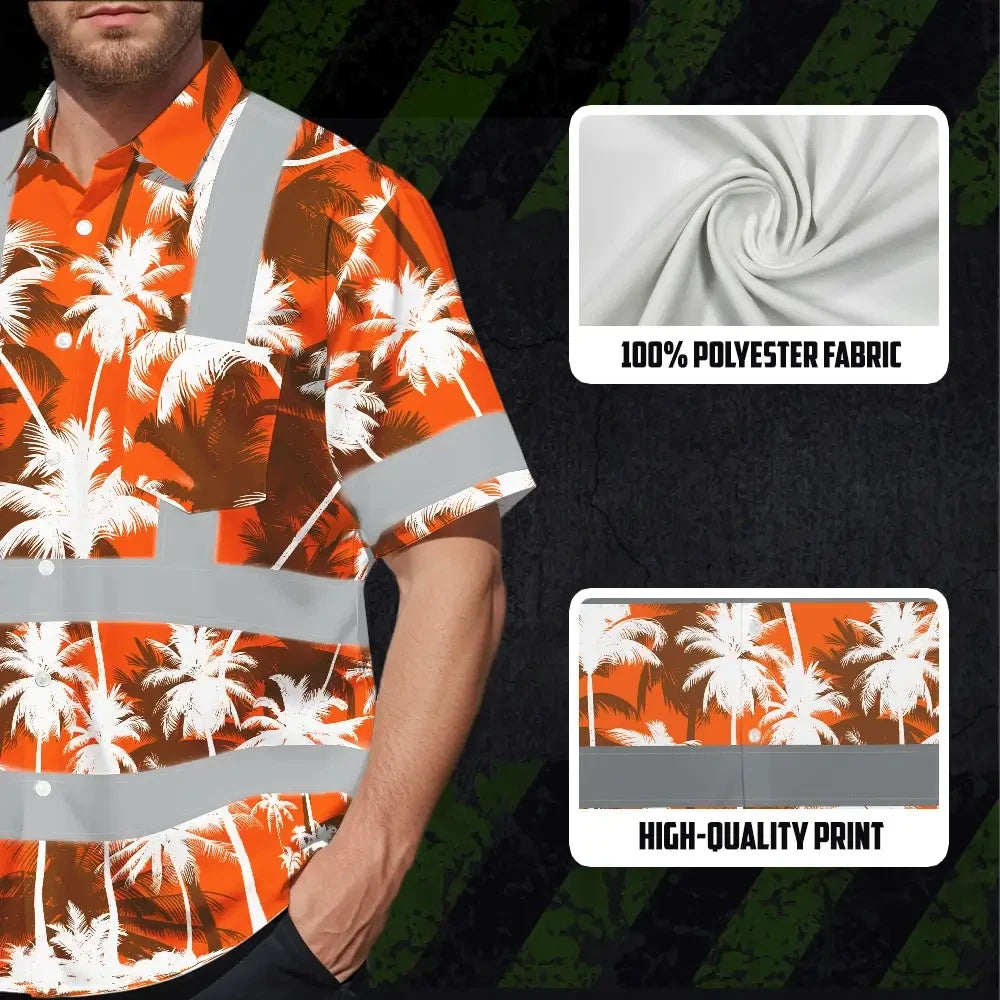 Hi Vis Hawaiian Shirt Reflective Tapes Orange Neon Flowers Custom Name Safety Workwear For Workers, Truckers, Operators