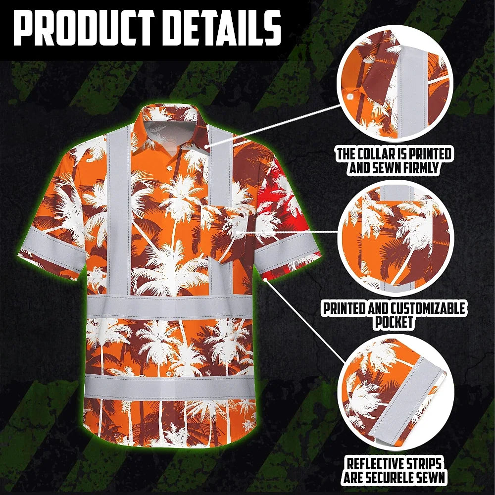 Hi Vis Hawaiian Shirt Reflective Tapes Orange Neon Flowers Custom Name Safety Workwear For Workers, Truckers, Operators