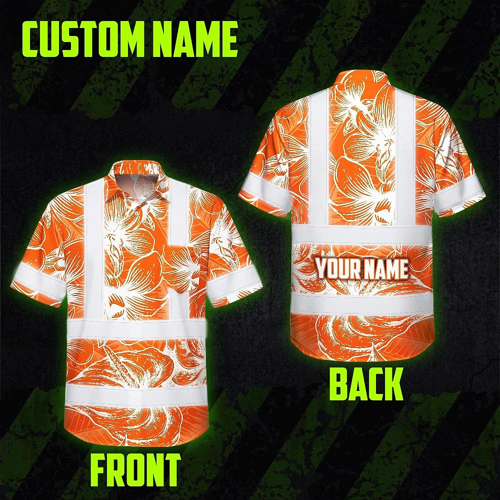 Hi Vis Hawaiian Shirt Reflective Tapes Orange Neon Flowers Custom Name Safety Workwear For Workers, Truckers, Operators