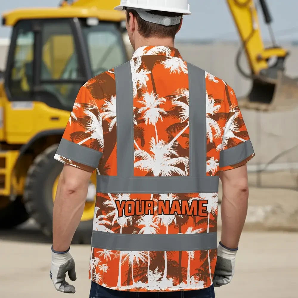 Hi Vis Hawaiian Shirt Reflective Tapes Orange Neon Flowers Custom Name Safety Workwear For Workers, Truckers, Operators