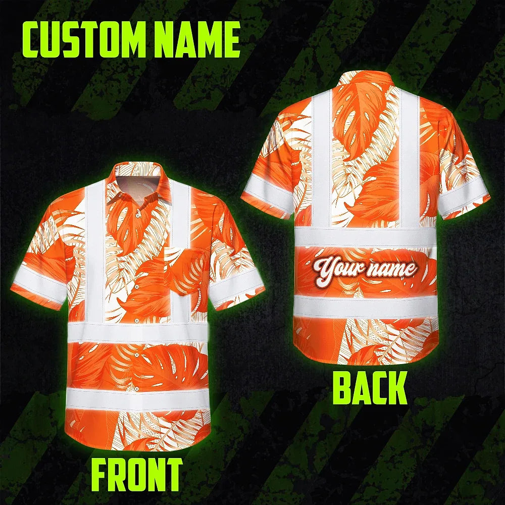 Hi Vis Hawaiian Shirt Reflective Tapes Orange Neon Flowers Custom Name Safety Workwear For Workers, Truckers, Operators