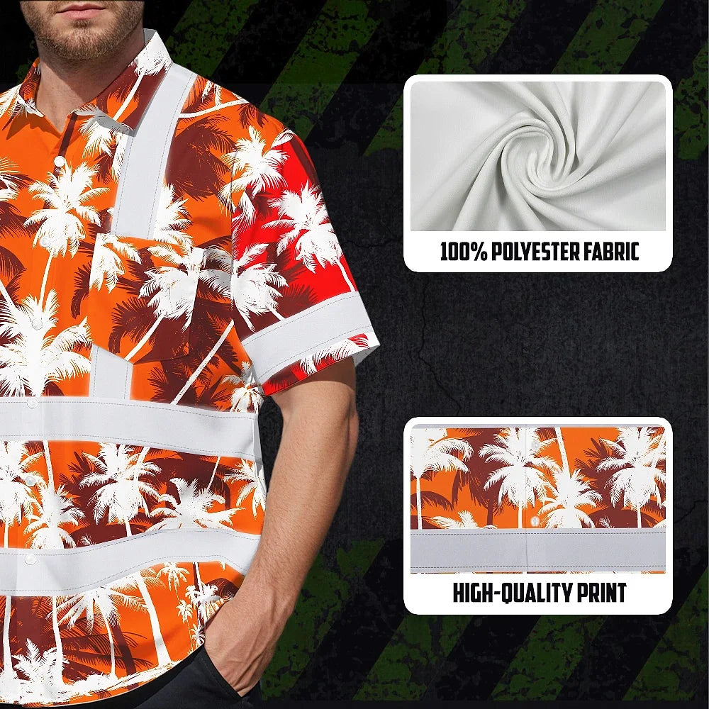 Hi Vis Hawaiian Shirt Reflective Tapes Orange Neon Flowers Custom Name Safety Workwear For Workers, Truckers, Operators