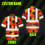 Hi Vis Hawaiian Shirt Reflective Tapes Orange Neon Flowers Custom Name Safety Workwear For Truckers, Operators