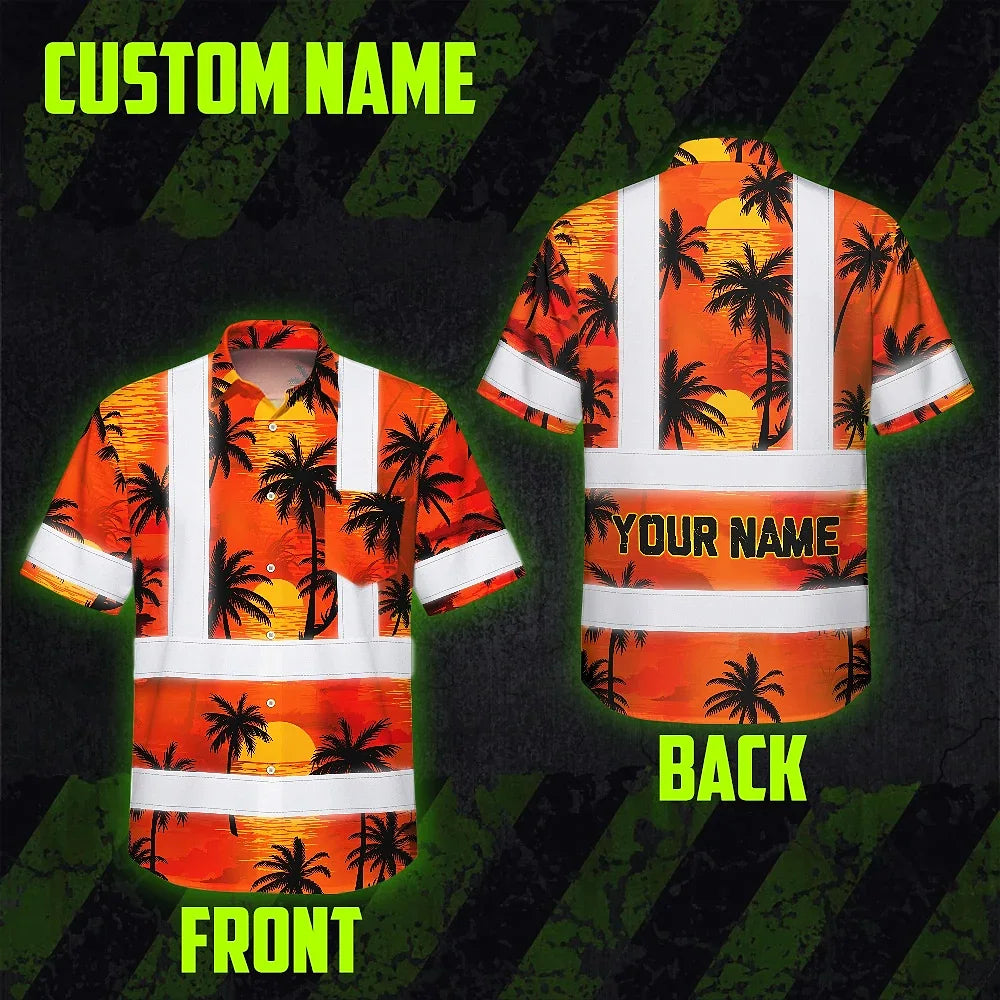 Hi Vis Hawaiian Shirt Reflective Tapes Orange Neon Flowers Custom Name Safety Workwear For Truckers, Operators