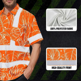 Hi Vis Hawaiian Shirt Reflective Tapes Orange Neon Flowers Custom Name Safety Workwear For Workers, Truckers, Operators