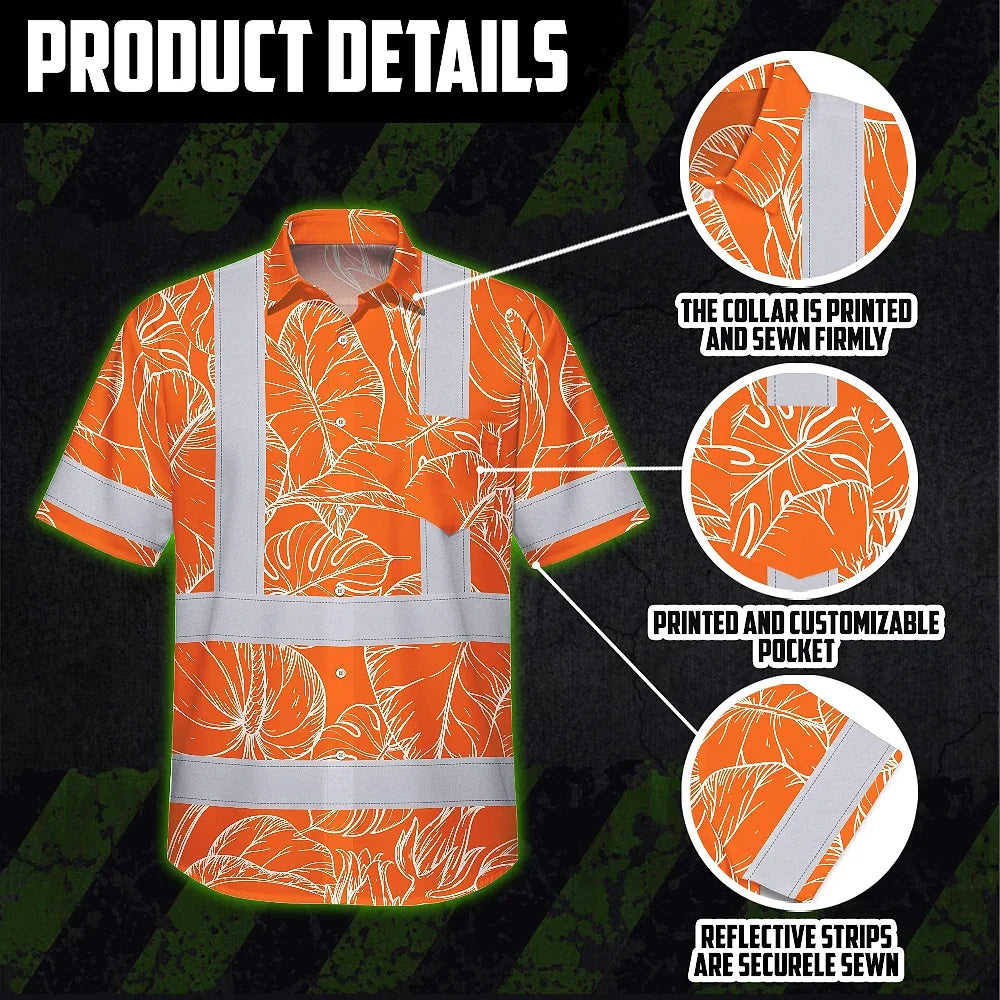 Choose Pack Hi Vis Hawaiian Shirt Reflective Tapes Orange Neon Flowers Custom Name Safety Workwear For Workers, Truckers, Operators