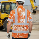 Hi Vis Hawaiian Shirt Reflective Tapes Orange Neon Flowers Custom Name Safety Workwear For Workers, Truckers, Operators