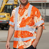 Hi Vis Hawaiian Shirt Reflective Tapes Orange Neon Flowers Custom Name Safety Workwear For Workers, Truckers, Operators