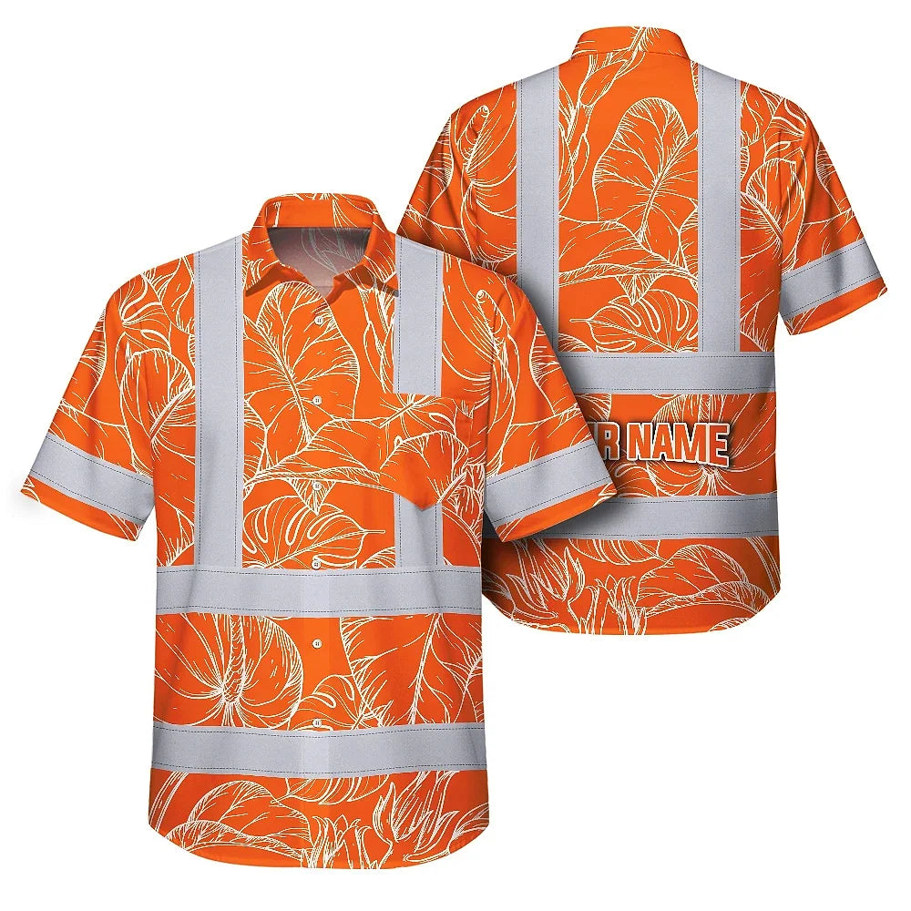 Choose Pack Hi Vis Hawaiian Shirt Reflective Tapes Orange Neon Flowers Custom Name Safety Workwear For Workers, Truckers, Operators